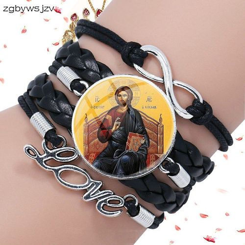 Bracelet En Cuir Noir Pour Femmes Et Enfants, Bijoux Harajuku Avec Cabochon En Verre, Multicouche, C¿Ur Sacré De Jésus