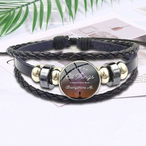 Bijoux En Forme De Verset De La Bible Philippiens Pour Filles, Bijoux Avec Cabochon En Verre Et Bracelet En Cuir Noir, 413