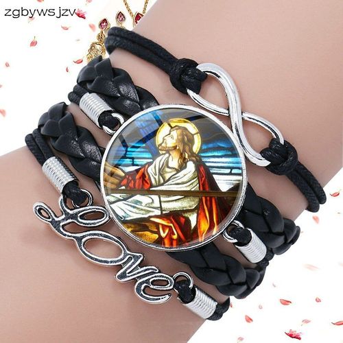 Bracelet En Cuir Noir Multicouche, Bijoux De Marque, Dôme En Verre Pour Enfants, Prière Jésus Christ Teintée
