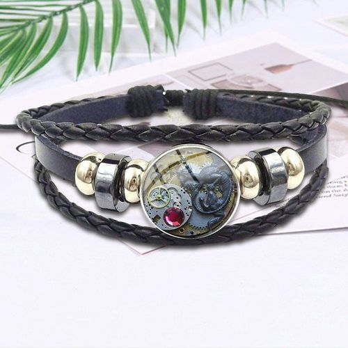Bracelet En Cuir Noir Unisexe, Cabochon En Verre, Tendance, Cadeau De Fête, Steampunk, Horloge