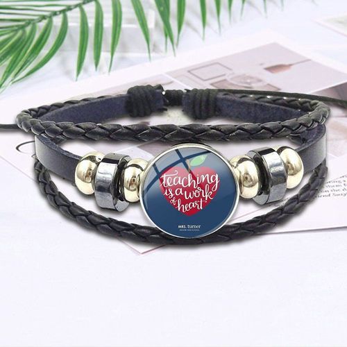 Bijoux De Marque De Luxe Pour Femmes Et Enfants, Cabochon En Verre, Bracelet En Cuir Noir, Enseignement, Travail Du C¿Ur