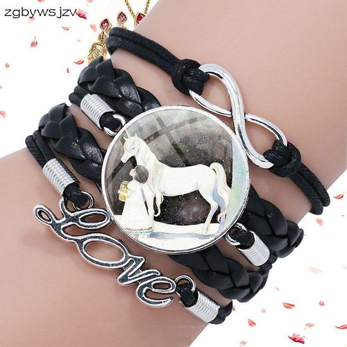 Bracelet En Cuir Noir Avec La Licorne Et La Fille, Bijoux Vintage, Multicouches, En Verre, Charmant, À La Mode, Pour Femmes, Vente En Gros