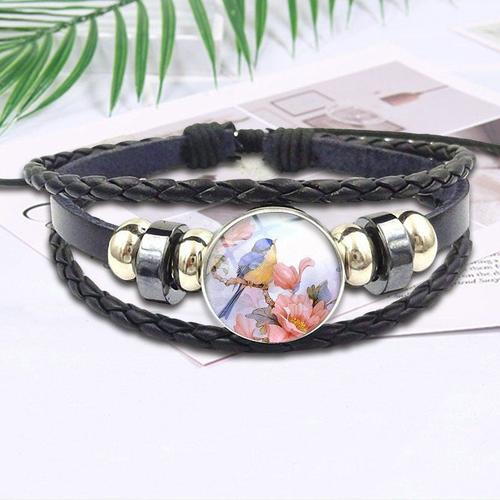 Bracelet En Cuir Noir Avec Cabochon En Verre, Bijou De Marque, Oiseau Fleur Pour Cadeau De Saint Valentin, Nouvelle Collection