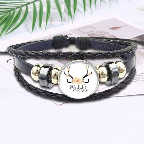 Bijoux De Dessin Animé Avec Bracelet En Cuir Noir, Fleur Jaune Elk, Cabochon En Verre, Cadeau De Fête Pour Femmes