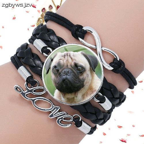 Bracelet Multicouches En Cuir Noir Pour Femme Et Garçon, Bijoux Ronds À Breloques, Animaux Mignons, Carlin, Chien, Cristal De Verre, Cadeaux