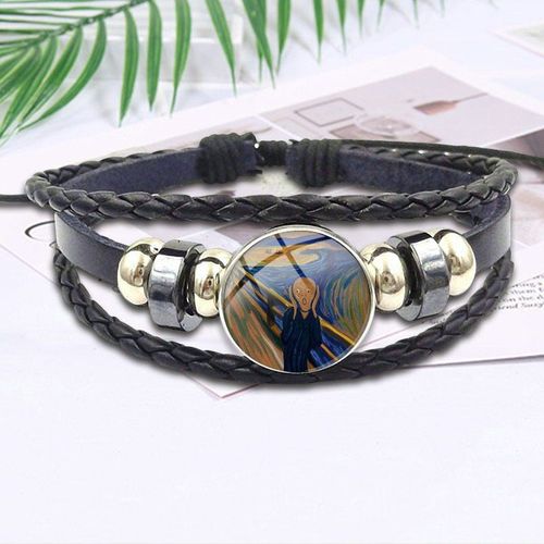 Bracelet En Cuir Noir Pour Filles, Cabochon En Verre, Cadeau Fait À La Main, Bijoux En Pierre De Temps, Illustration D'edward Munch