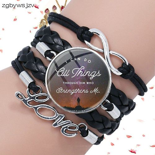 Bracelet En Cuir Noir Avec Verset De La Bible Philippiens, Pour Elle, Collier Avec Vigueur, Verre De Haute Qualité, 413