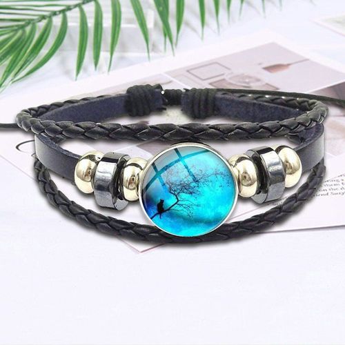 Bijoux Vintage Lune Bleue Et Chat Avec Cabochon En Verre Plaqué, Maxi Bracelet En Cuir Noir, Cadeau Pour Filles