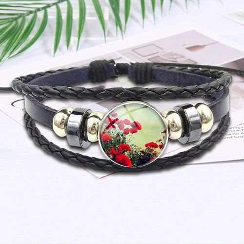 Cabochon En Verre Pour Femmes, Bijoux Vintage, Fleur Rose, Classique, Bracelet En Cuir Noir, À La Mode