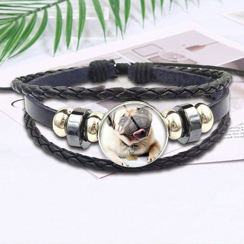 Bracelet En Cuir Noir Rond Pour Hommes Et Femmes, Cabochon En Verre, Cadeau De Fête, Bijoux De Chien Carlin, Nouvelle Collection