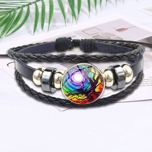 Bracelet En Cuir Et Verre Noir Pour Femmes, Bijou De Méditation, Arbre De Vie, Fête, Mariage, Nouveauté À La Mode