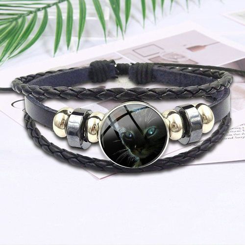 Bracelet En Cuir Noir Et Rond Pour Hommes Et Femmes, Cabochon En Verre, Bijoux De Fête, Chat Bleu Lune Noir, Cadeau, Nouvelle Collection