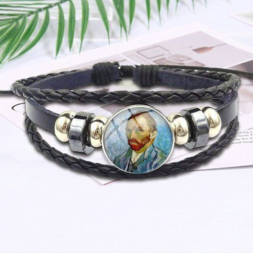 Bracelet En Cuir Noir Avec Cabochon En Verre Pour Fille, Bijoux De Mode, Peinture Artistique, Portrait Van Gogh, Cadeau