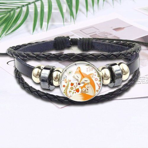 Bracelet En Cuir Noir Avec Cabochon En Verre Plaqué Pour Femmes, Bijoux De Style Rétro, Pour Mariage, Mignon, Animal, Renard