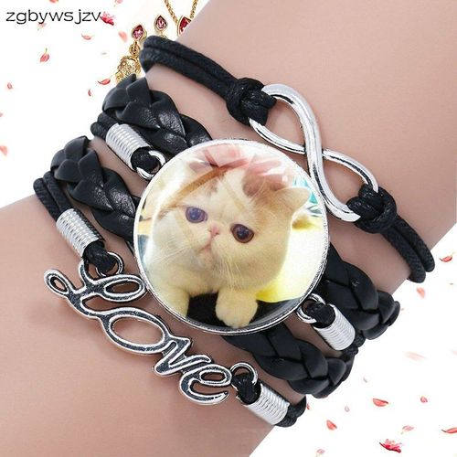 Bracelet Multicouches En Cuir Noir Pour Femme Et Garçon, Bijoux Ronds À Breloques, En Cristal De Verre, Chat Animal Mignon