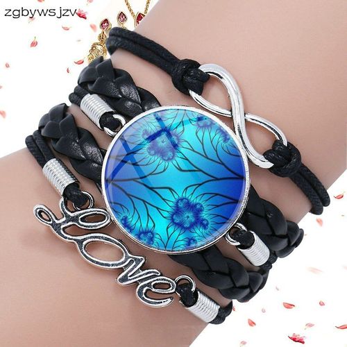 Bracelet En Cuir Noir Multicouche, Bijoux De Dessin Animé Pour Filles, Déclaration Maxi, Fleur De Rêve Bleue