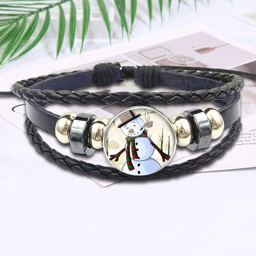 Bracelet En Cuir Noir, Bonhomme De Neige Blanc, Dessin Animé, Cabochon En Verre, Bijoux, Bijouterie Pour Écolière Maxi