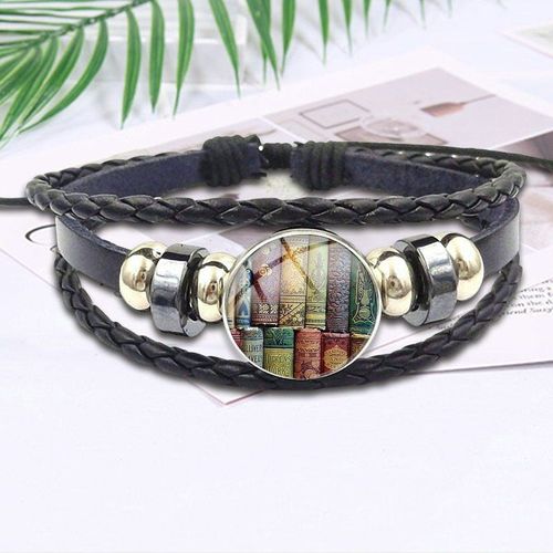 Bijoux Vintage Avec Cabochon En Verre Plaqué, Maxi Bracelet En Cuir Noir Pour Filles, Cadeau Livres Minables