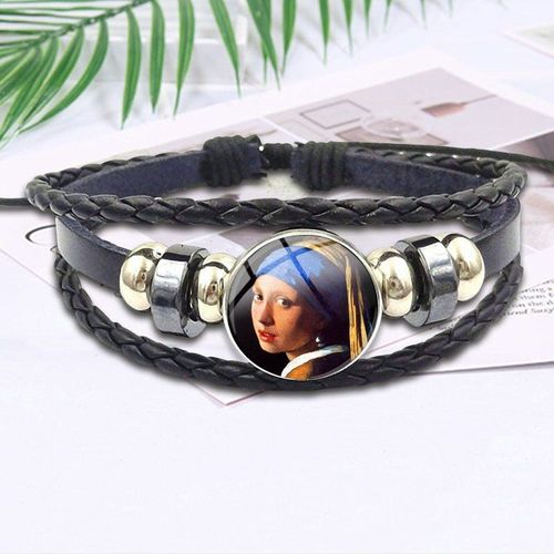 Bijoux De Style Harajuku Avec Cabochon En Verre, Bracelet En Cuir Noir Pour Femmes, Cadeau Pour Enfants, Chef D '¿Uvre De Johnes Vermeer