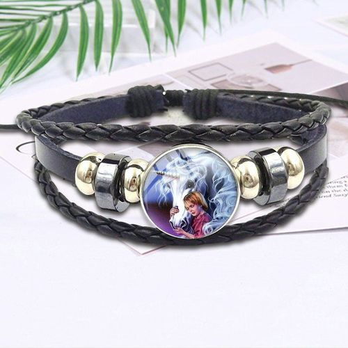 Bijoux Licorne Blanche Cheval Pour Filles, Cadeaux, Bijoux En Verre Avec Cabochon En Verre, Bracelet En Cuir Noir