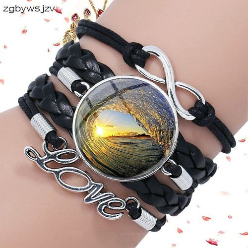 Bracelet En Cuir Noir, Fait À La Main, Verre Multicouche, Déclaration Vagues Et Coucher De Soleil, Joli Bijou, Cadeau Pour Filles