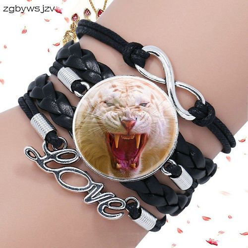 Bracelet En Cuir Noir Pour Enfants, Bijoux Vintage, Cabochon En Verre, Yoga, Multicouches, Image De Tigre