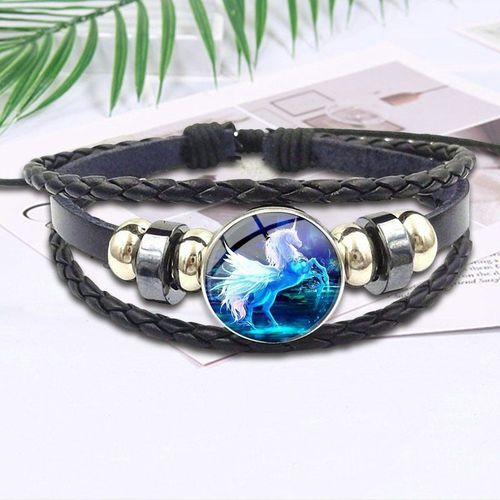 Bracelet En Cuir Noir, Cabochon En Verre, Cadeau Pour Filles, Bijoux Vintage Faits À La Main, Licorne Volante