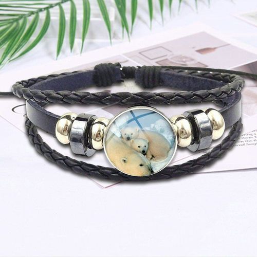 Bracelet Vintage En Cuir Noir Pour Femmes Et Enfants, Bijoux Faits À La Main, Famille D'ours Polaire