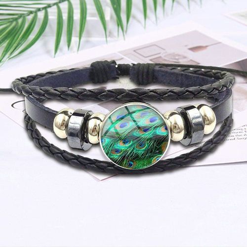 Bracelet En Cuir Noir, Cabochon En Verre, Vintage, Mode, Bijoux Pour Hommes Et Femmes, Gif, Beau Paon