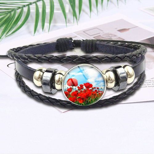 Bracelet En Cuir Noir Avec Cabochon En Verre, Bijoux Pour Filles, Cadeau Vintage, Fleurs De Pavot Rouge