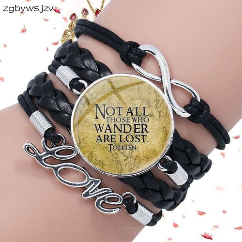 Bracelet En Cuir Noir Multicouche, Cabochon En Verre, Bijoux Pour Femmes, Pas Tous Ceux Qui Errent Sont Perdus