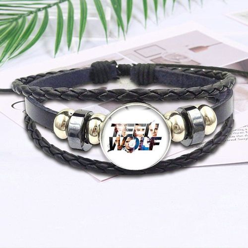 Bracelet En Cuir Noir Avec Cabochon En Verre, Bijoux Fait À La Main Avec Logo De Loup Adolescent Pour Filles