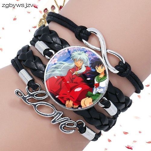 Bracelet En Cuir Noir Multicouche Avec Cabochon En Verre Pour Femmes, Bijoux Cadeau, Anime Inuyasha