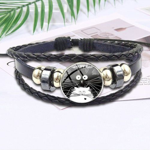 Bracelet En Cuir Noir, Chat Noir Et Blanc, Cadeau De Saint Valentin, Cabochon En Verre, Bijoux, Bijouterie