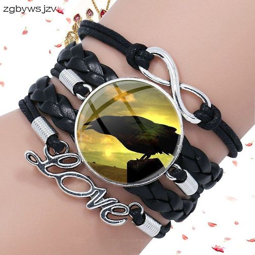 Bracelet En Cuir Noir, Cabochon En Verre Plaqué Raven Pour Enfants, Fait À La Main, Pour Les Amoureux, Meilleurs Cadeaux