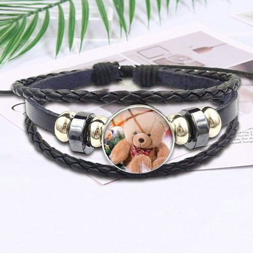 Ours En Peluche Pour Filles, Fait À La Main, Cabochon En Verre, Bracelet En Cuir Noir, Bijoux Cadeau