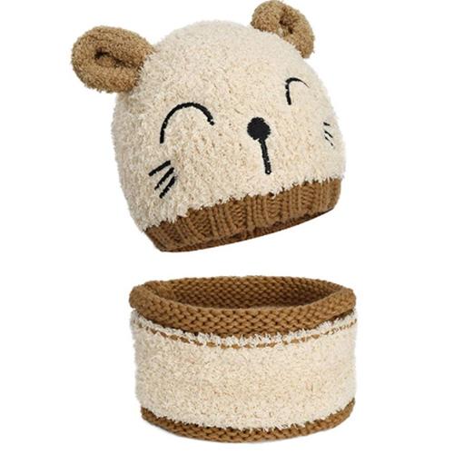 Bonnet Enfant, Echarpe Et Unisexe Tricoté Beanie Ensemble Bonnet Et En Tricot Pour Garçons Filles, Beige 2 Pièces