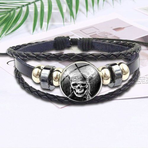 Bracelet En Cuir Noir Pour Filles, Cabochon En Verre, Cadeau Fait À La Main, Bijoux En Pierre De Temps, Crâne De Pirate