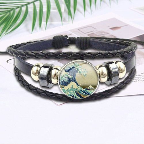 Bracelet En Cuir Noir Pour Filles, Bijoux De Mode Steampunk, Cadeau Pour Filles, Déclaration Maxi Grande Vague Kanagawa