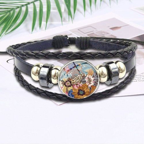 Bracelet En Cuir Noir Pour Femmes, Fleur Multicolore, Ras Du Cou, Cabochon En Verre, Bijoux En Pierre De Temps