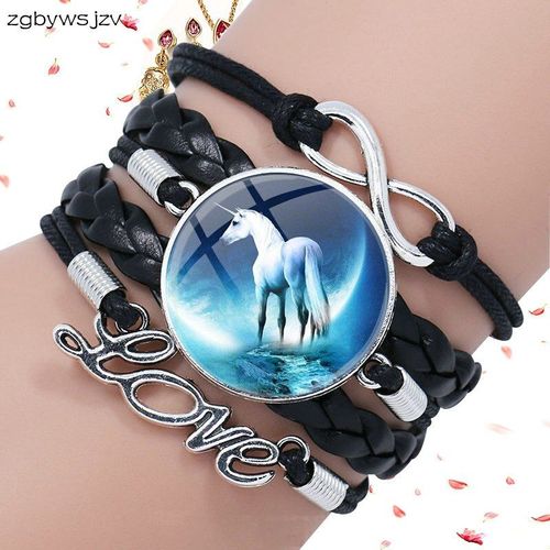 Bracelet En Cuir Noir, Verre Multicouche, Cadeau De Noël, Bijoux Licorne Blanche