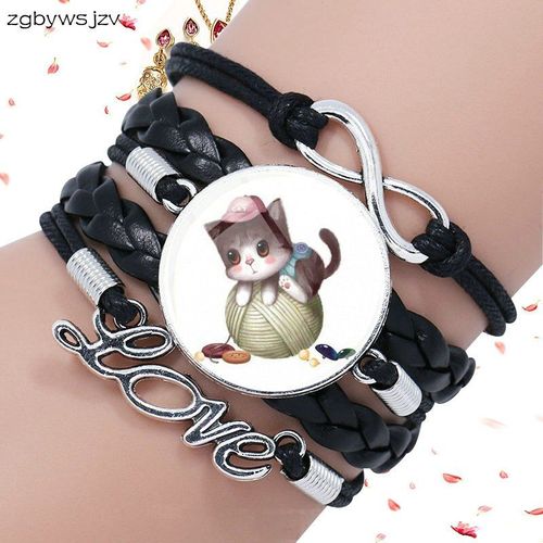 Bracelet Chat Rose Mignon Pour Amoureux, Meilleur Ami, Bijoux Vintage, Plaqué Multicouche, En Cuir Noir
