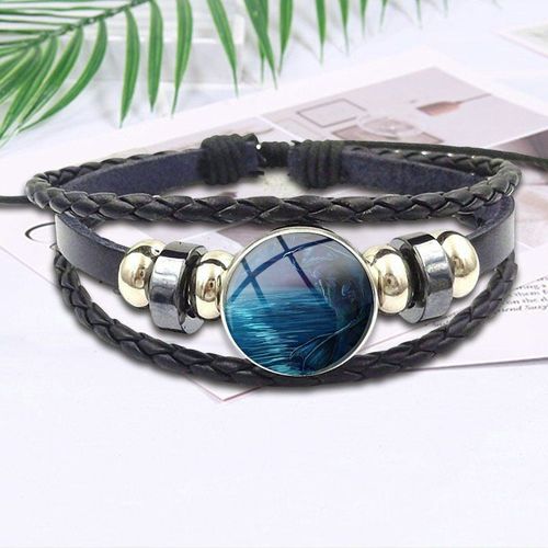 Bracelet En Cuir Noir Pour Filles, Cabochon En Verre Fait À La Main, Bijoux En Pierre De Temps, Couleur Bleue, Ptérosaures