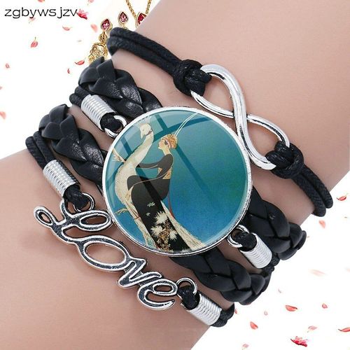 Cabochon Rond En Verre Multicouche, Bracelet En Cuir Noir, Bijoux Cadeaux Vogue De Femme Et Paon Blanc, Art Déco