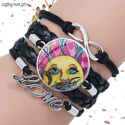 Bijoux Avec Cabochon En Verre, Bracelet Multicouche En Cuir Noir Pour Femmes Et Filles, Collier Fait À La Main Demi Soleil Et Lune