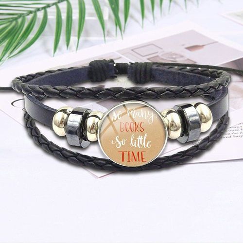 Bijoux De Style Rétro Avec Cabochon En Verre Plaqué, Bracelet En Cuir Noir Pour Femmes, Mariage, Tant De Livres, Si Peu De Temps
