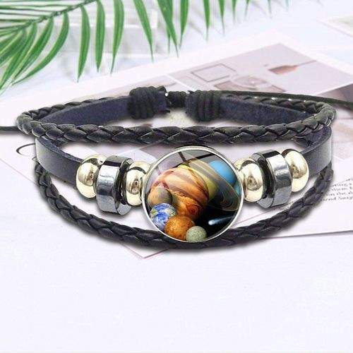 Bracelet En Cuir Noir Pour Hommes Et Femmes, Bijoux Avec Cabochon En Verre, Système Solaire, Pendentif Pour Galaxie