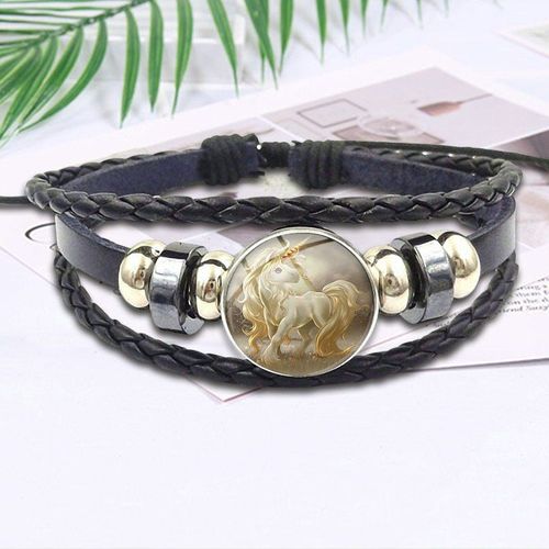 Bracelet En Cuir Noir Pour Filles, Bijoux Avec Cabochon En Verre, Licorne Pegasus Cheval Volant, Vente En Gros