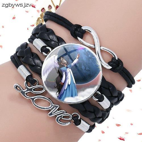 Bracelet En Cuir Noir Multicouche Pour Femmes, Bijoux De Marque, Cabochon En Verre, Cadeau De Fête, Logo D'ange