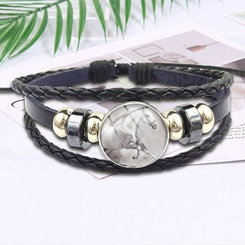 Bijoux Vintage Avec Cabochon En Verre Plaqué, Maxi Bracelet En Cuir Noir Pour Filles, Cadeau Cheval Noir Et Blanc
